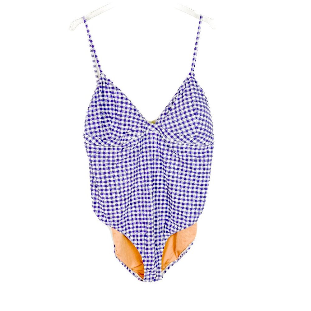 J. Crew Plunge One-Piece Swimsuit in Gingham Purple Plus Size 22 EUC